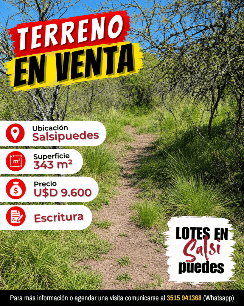Terreno 343 m² con escritura, plano y con servicios en Salsipuedes, Sierras Chicas – USD 9.600